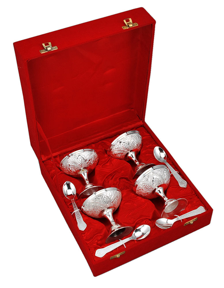 Silver Plated Ice Cream 4 Bowl Set Velvet Box Pack