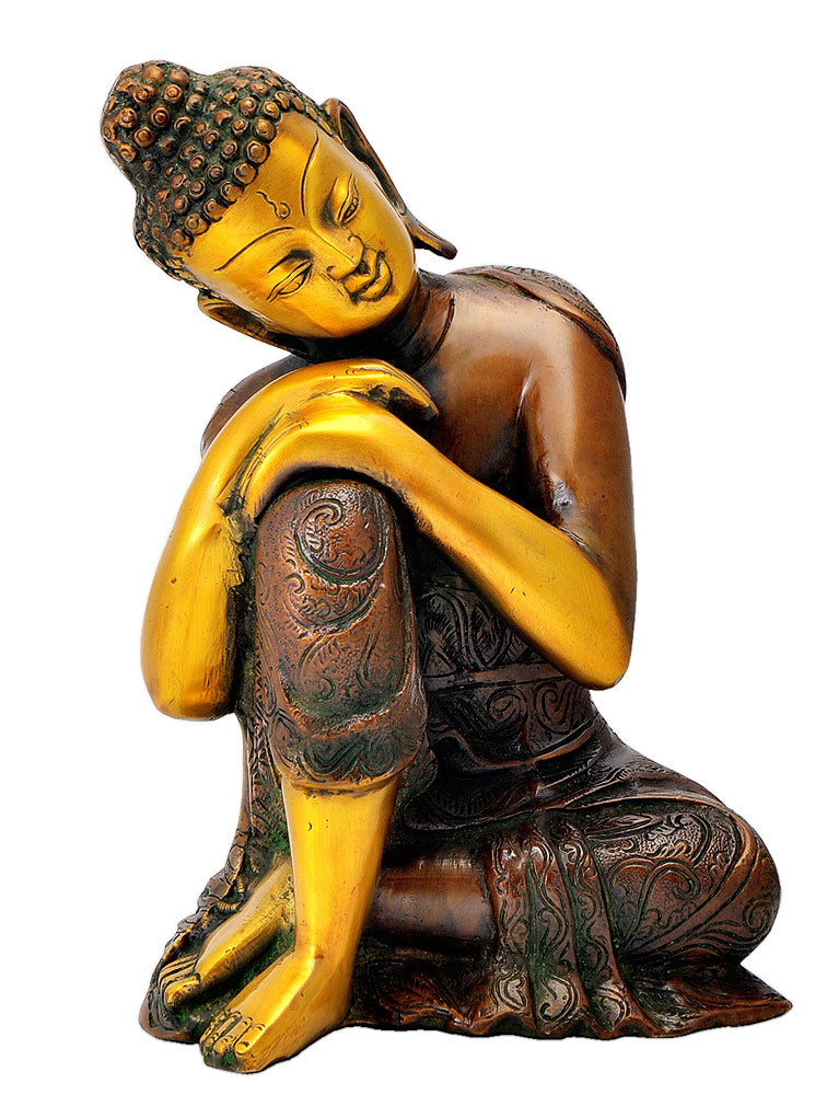 Brass Thinking Buddha Brown Finish Sulpture 11"