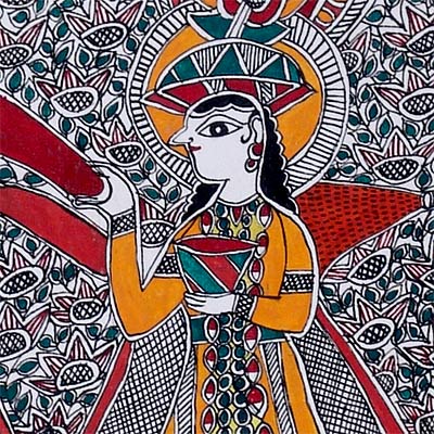 Krishna and Radha Play Holi - Madhubani Painting