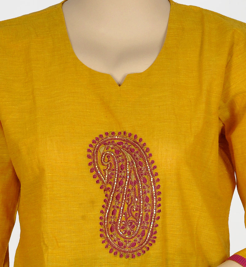 Yellow Kurti with Paisley Embroidery