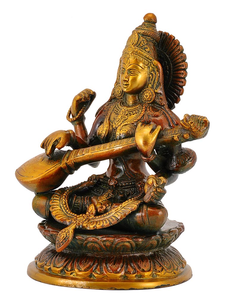 Goddess Saraswati with Veena Brass Statue 9.25"