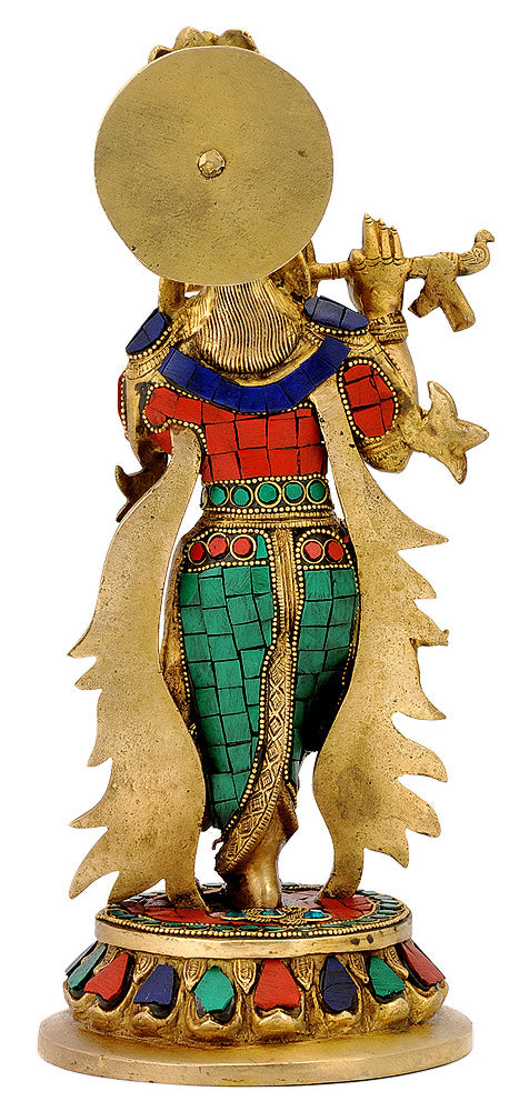 Lord Krishna Brass Figurine with Stones