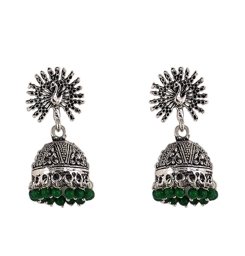 Green Beads Peacock Beautiful Indian Style Sliver Color Jhumki Earrings