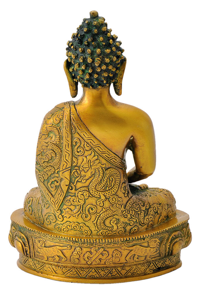 Golden Finish Statue Buddha with Carved Robe