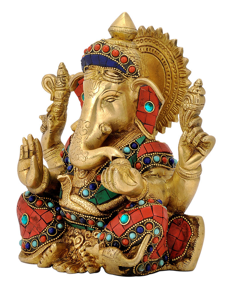 Brass Ganesha Figurine with Stones