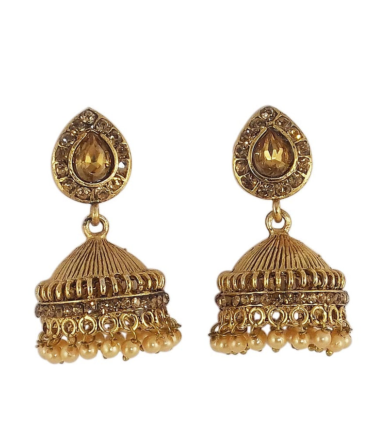 Stone Studded Golden Metal Jhumki with Beads