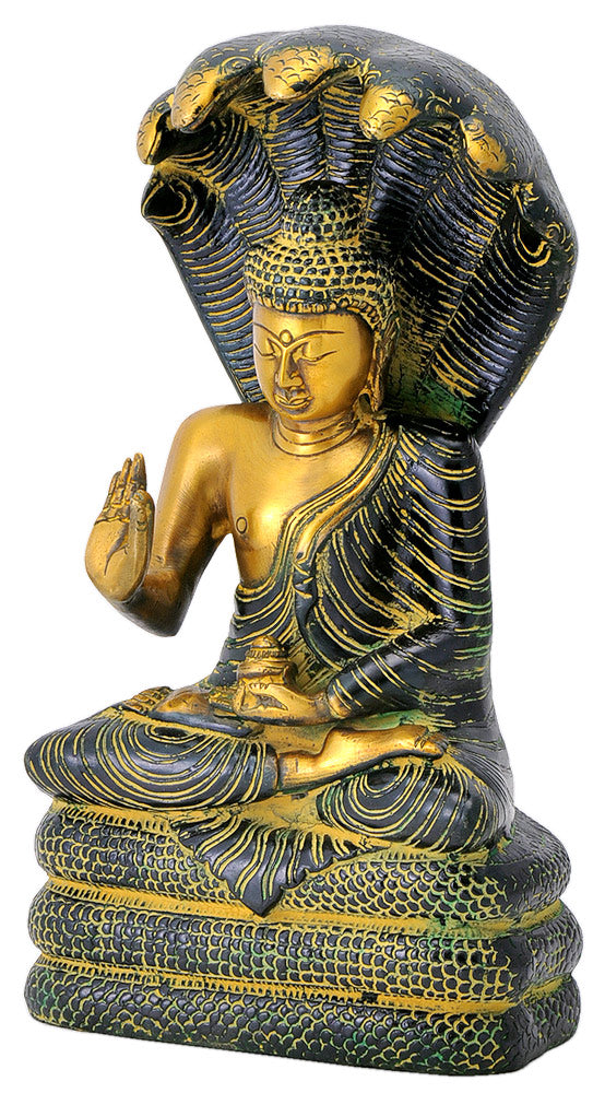Antiquated Buddha Statue with Seven Head Snake Guardian