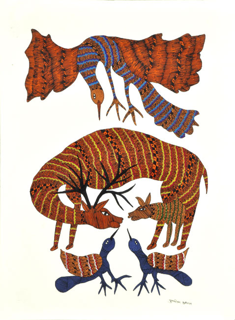 Deer Protects Her Fawn From Eagle - Gond Painting