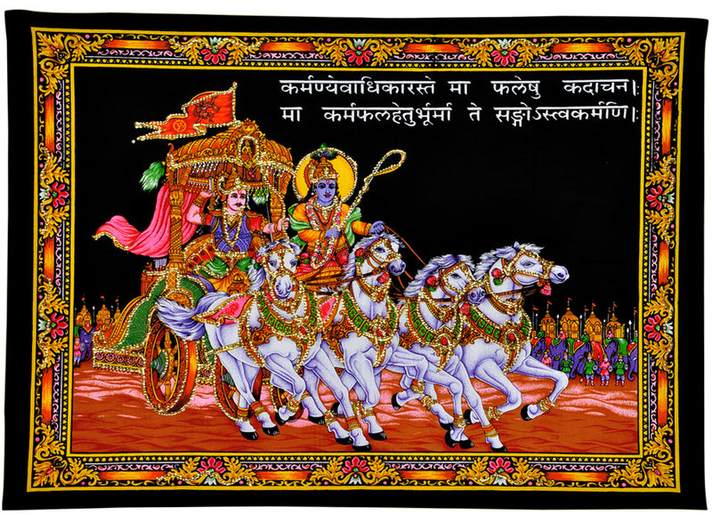 Gita Updesh Tapestry - Lord Krishna and Arjuna on chariot during Mahabharata war