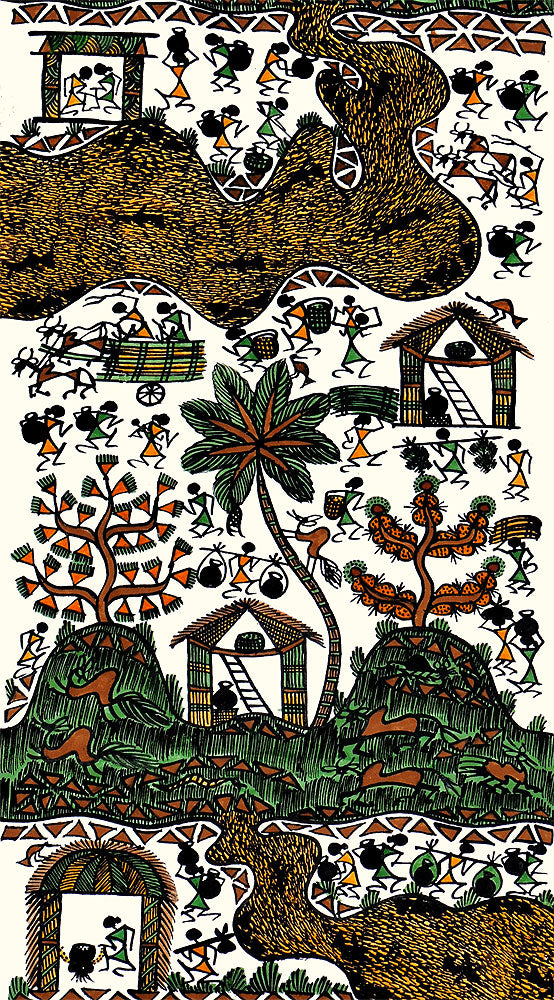 'A Day in Warli' Tribal Art Painting