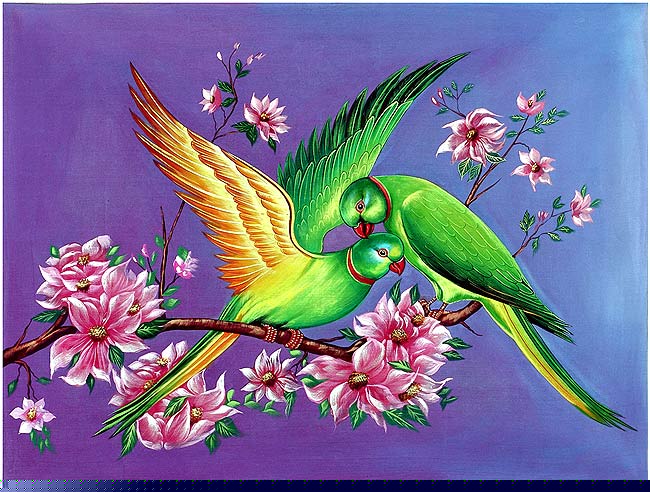 "Loving Parrots" Painting on Silk