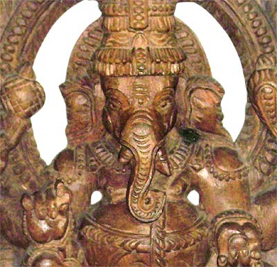 Ganesha Seated Upon His Rat - Wood Sculpture