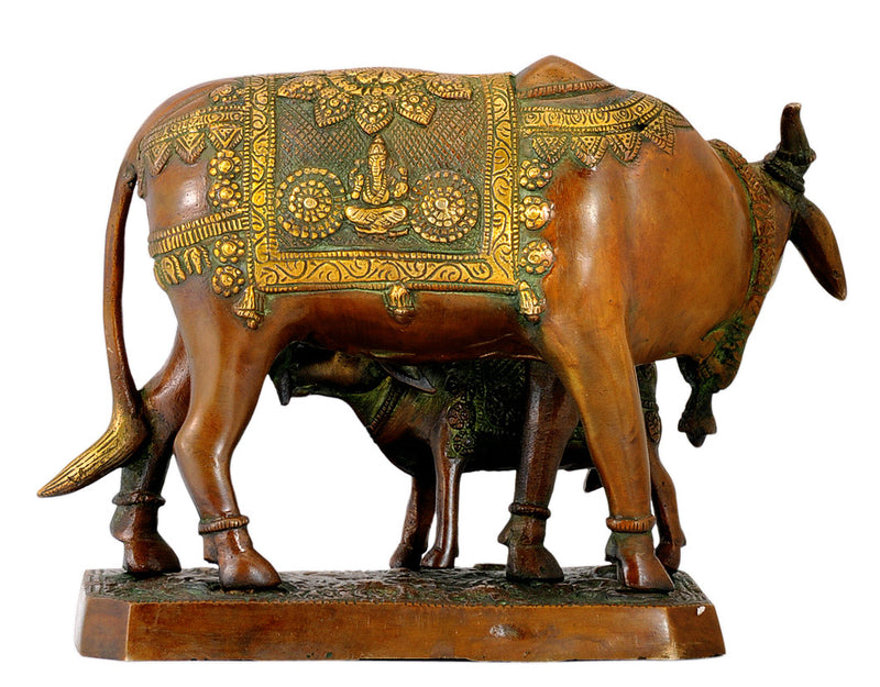 Auspicious Cow and Calf Brass Statue 10"