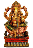 Ganesha Seated on Lotus - Wood Statue