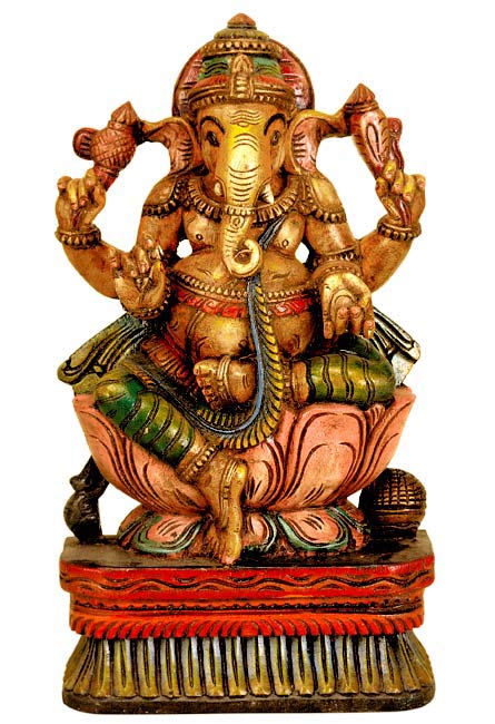 Ganesha Seated on Lotus - Wood Statue