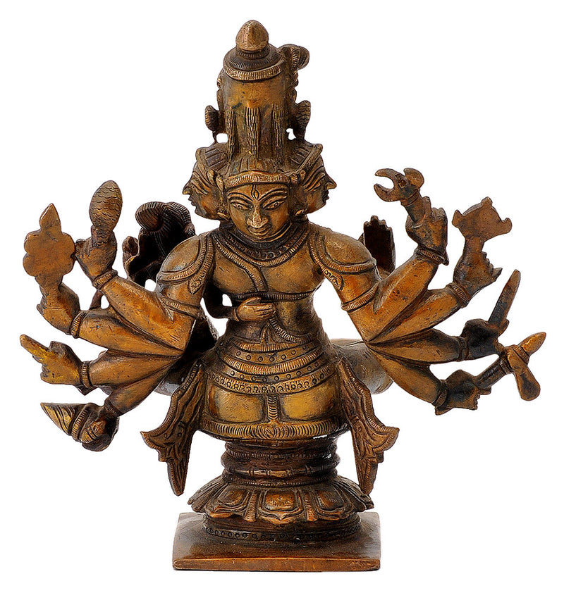 Antiquated Five Headed Lord Shiva with Parvati Brass Statue