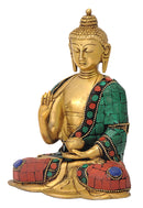 Blessing Buddha Brass Statue with Turquoise Coral Finish