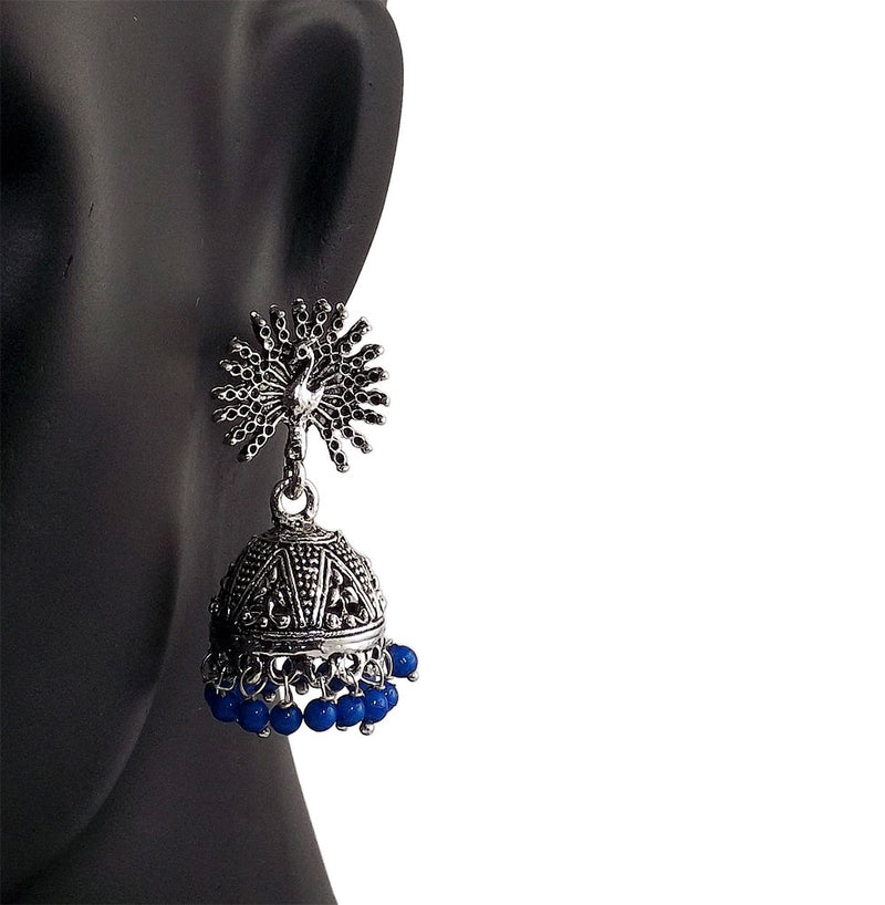 Blue Beads Peacock Beautiful Indian Style Silver Color Jhumki Earrings
