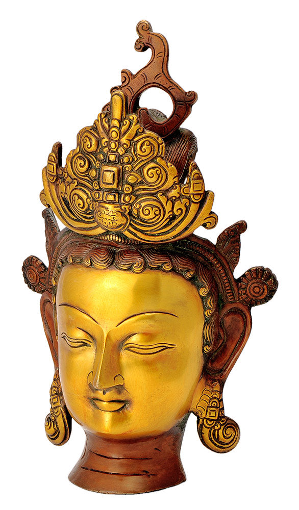 Auspicious Meditating Devi Tara Head Brass Figurine 11.75"