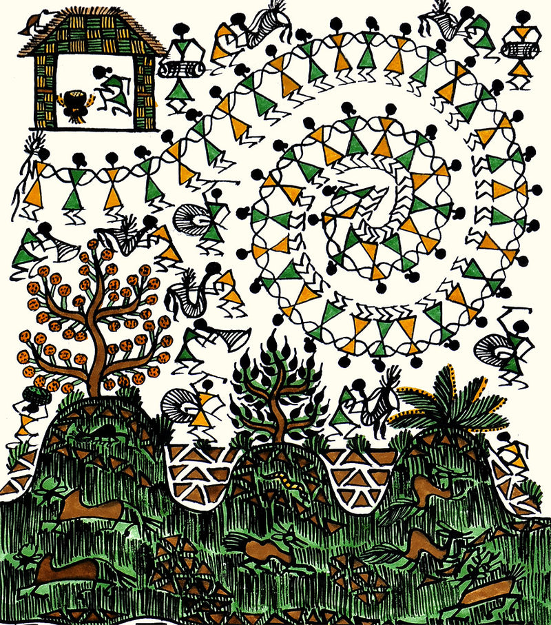 'A Day in Warli' Tribal Art Painting