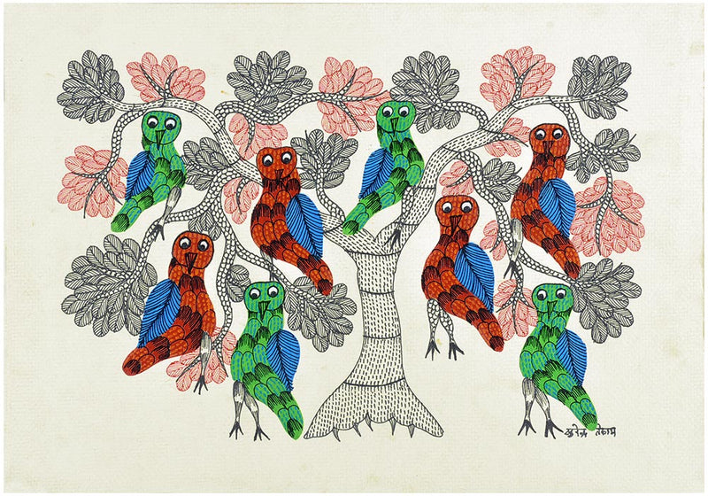 Gond Painting Colorful Owls