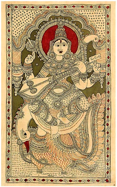 Saraswati Seated on Swan - Kalamkari Painting