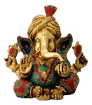 Beautiful Ornate Ganesha Wearing Turban Brass Statue
