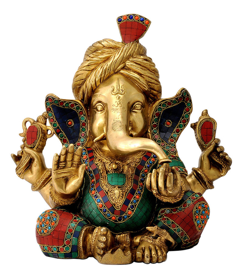 Beautiful Ornate Ganesha Wearing Turban Brass Statue