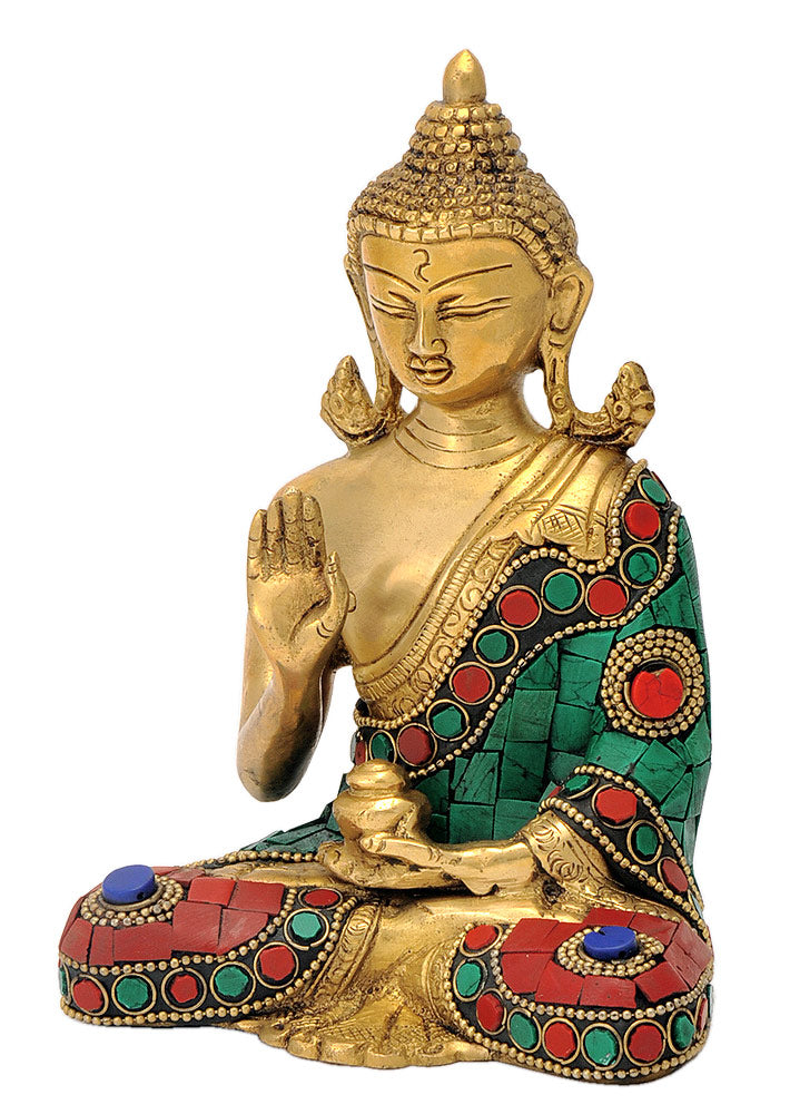 Buddha Brass Sculpture with Turquoise Coral Color Finish