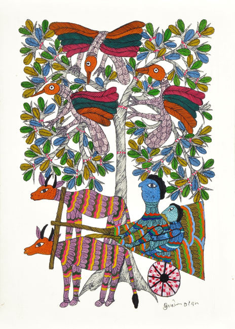 Father and Child Ride a Bullock Cart - Gond Painting