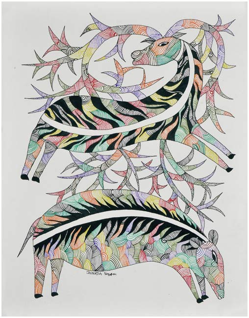 Deer & Boar - Gond Tribal Painting