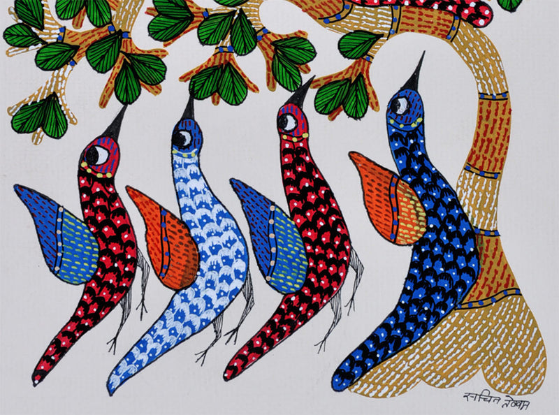 Dancing Birds - Folk Art Gond Panting