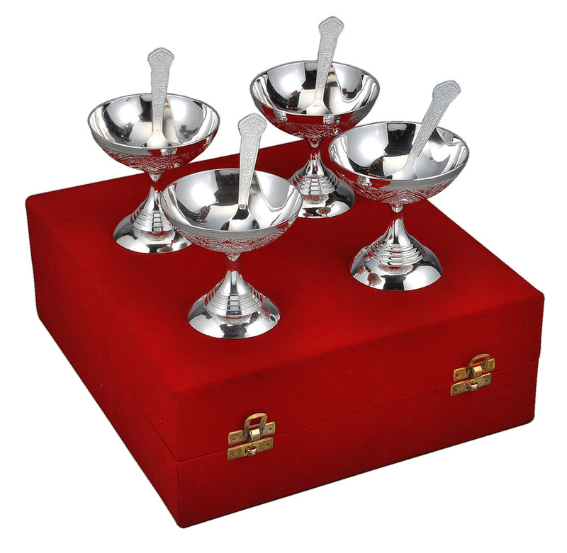 Silver Plated Ice Cream 4 Bowl Set Velvet Box Pack