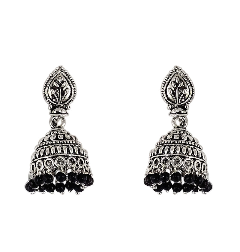 Black Beads Traditional Indian Style Sliver Color Jhumki Earrings