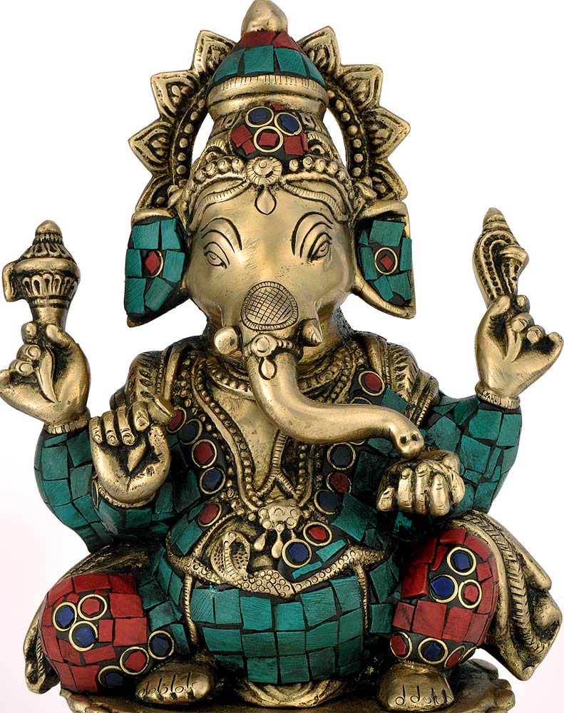 Seated Chaturbhuj Ganesha - Brass Sculpture 9.50"