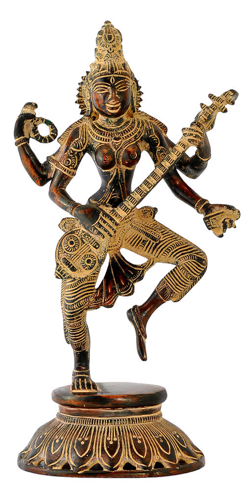 Standing Devi Saraswati Old Finish Statue 10.75"