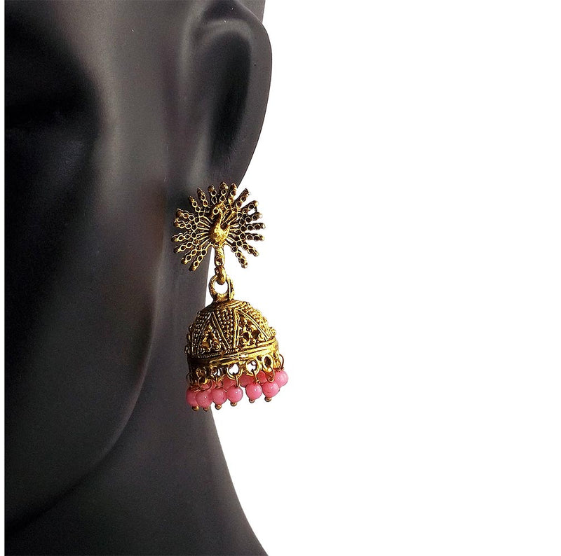 Peacock Beautiful Indian Style Jhumki Earrings Pink