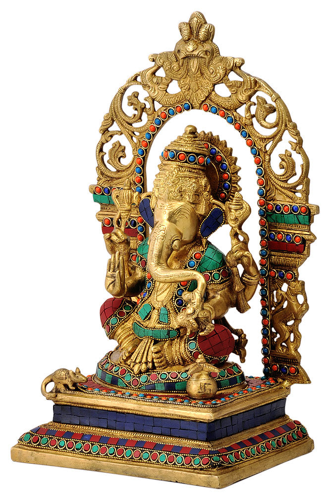 Enthroned Lord Ganesha Inlay Brass Statue