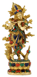 Ornate Krishna Brass Idol with Stones