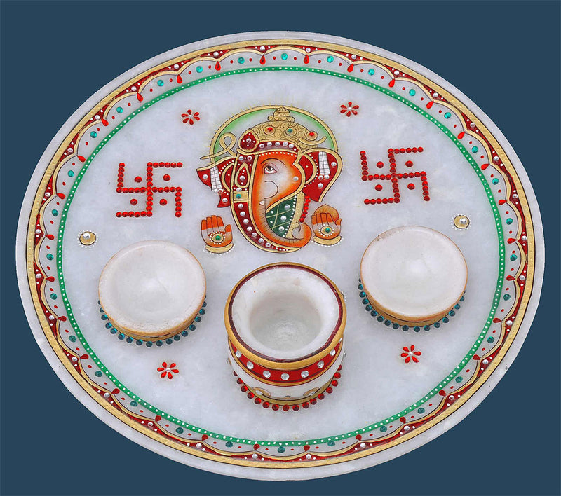 Swastik Ganesha Marble Pooja Tika Thali