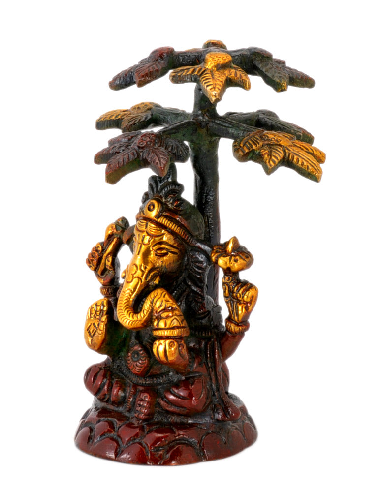 Ganesha Seated Under Tree - Gold and Copper Finish Brass Statue