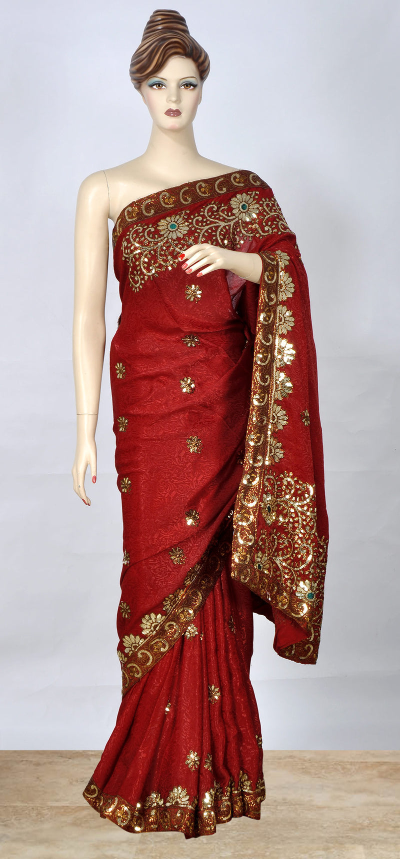 Pomegranate Red Saree with Heavy Sequins Work
