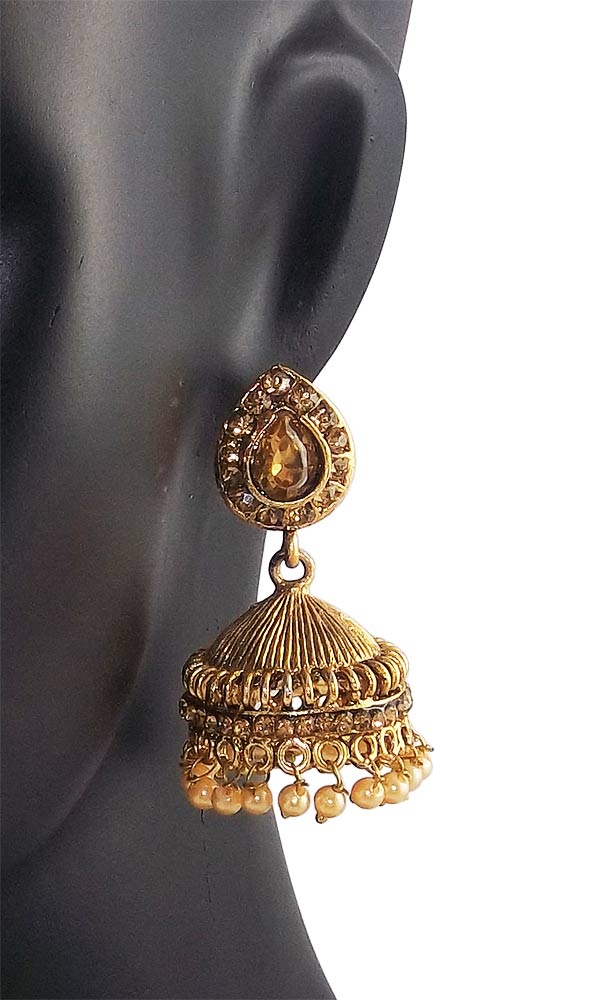 Stone Studded Golden Metal Jhumki with Beads