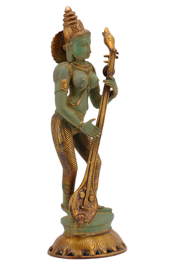 Brass Goddess Saraswati - Rustic Bronze Finish Sculpture