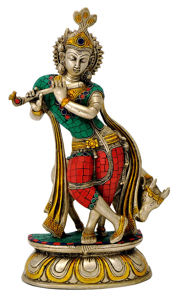 Exquisite Bansidhar Krishna with Cow Brass Figurine