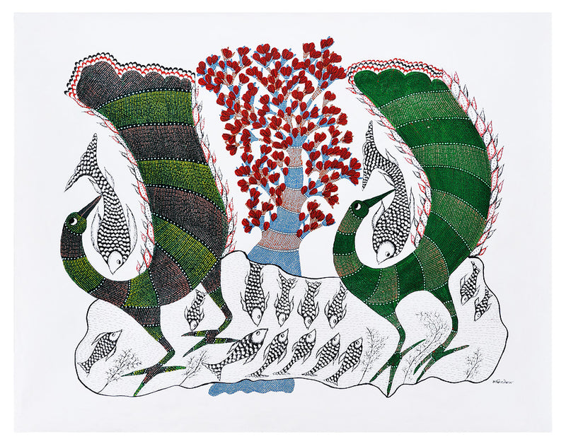 Gond Canvas Painting 'Birds Catches Fishes'