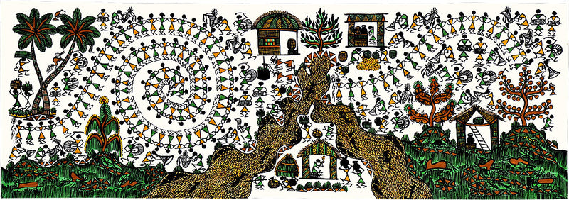 'Celebration' Handmade Warli Tribal Painting