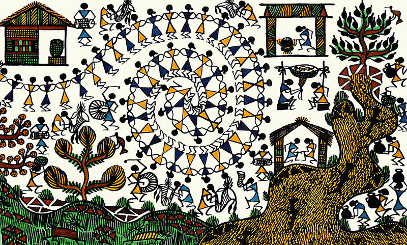 'Village Activities' Handmade Paper Painting