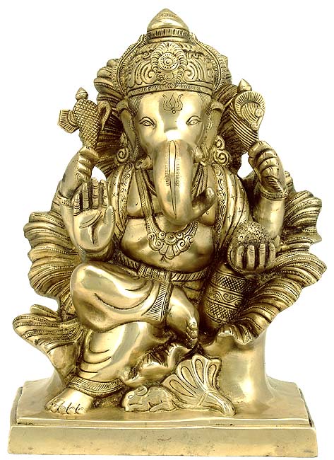 Ganesha Seated on Throne of Leafs - Brass Sculpture