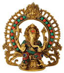 Ganpati on Throne Brass Statue Decorated with Colored Stones